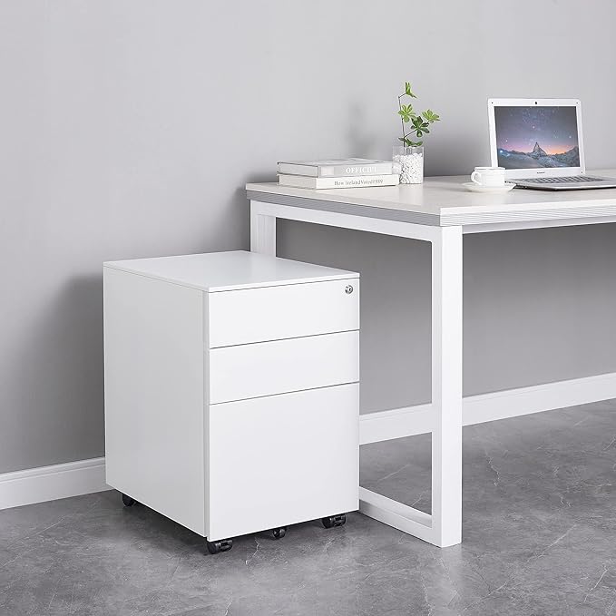 3 Drawer File Cabinet with Lock, Steel Mobile Filing Cabinet on Anti-tilt Wheels, Rolling Locking Office Cabinets Under Desk for Legal/Letter Size (White)