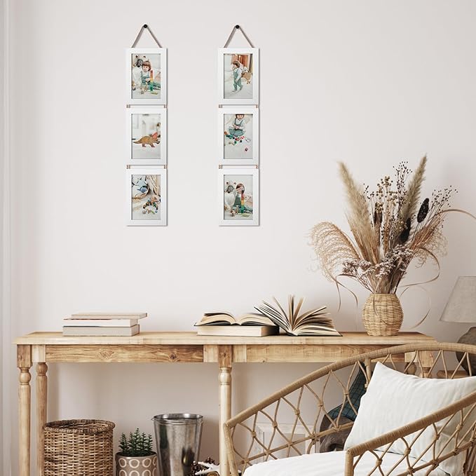Lavezee 4x6 White Hanging Collage Picture Frames Set of 2, 6 Opening Vertical Frame Made to Display 4 by 6 Inch Photo for Wall Decor, Gifts for Valentine's Day Wedding Birthday Mother's Day