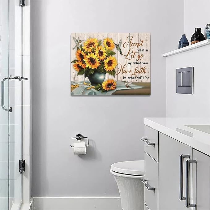 Farmhouse Sunflower Wall Art Country Sunflower Hummingbird Pictures Wall Decor Rustic Sunflower Canvas Painting Modern Artwork Home Decorations for Bathroom Dining Room Kitchen Bedroom Office Framed