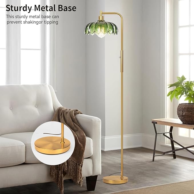 Glass Floor Lamp for Living Room, Dimmer Standing Lamp with Green Lampshade,66” Tall Lamp & Gold Floor Lamp for Bedroom Study Room,Brushed Gold LED Bulb Included (Flower Green Glass Shade)
