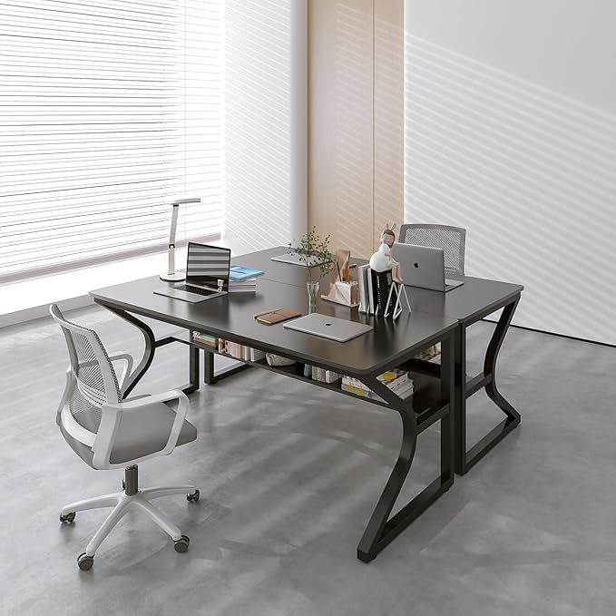 Extra Long Desk with Bookshelf - 55" Double Long Writing Table for 2-Person Workstation, Modern Study Work Computer Desk for Home and Office, Black