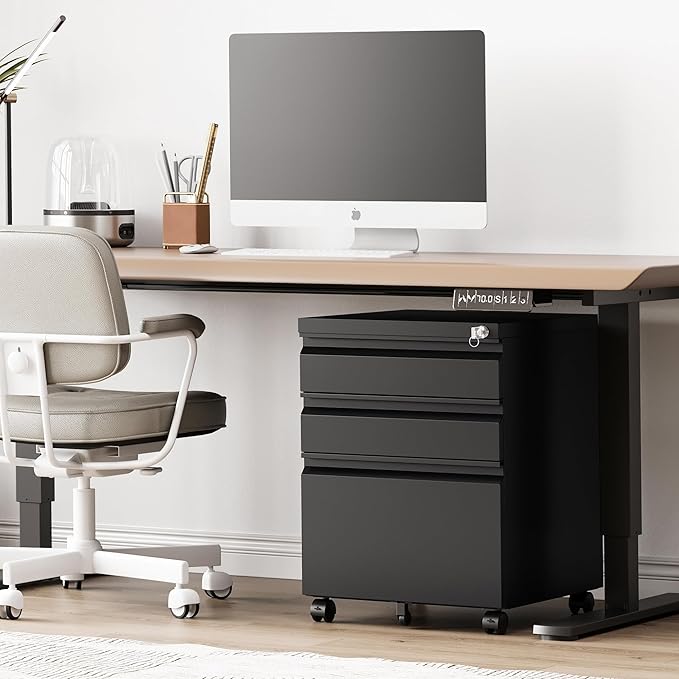 3 Drawer File Cabinet,Mobile Filing Cabinet with Lock and Wheels,Un-Assembled Metal Under Desk File Cabinets for A4/Letter/Legal Size(Black