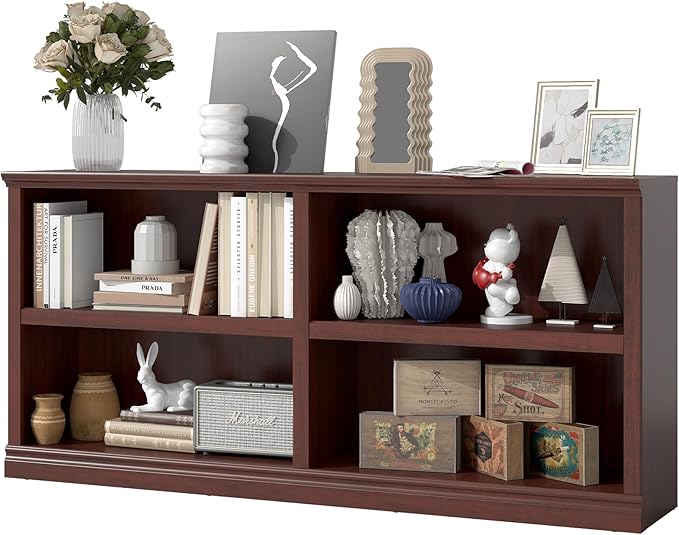 blini Low Horizontal Bookshelf Double Wide 64" 2-Tier Bookcase 4 Cube Storage Organizer Cherry Wood Bookcases for Bedroom and Home Office Decor Display
