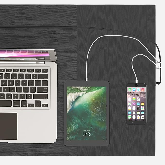 HOOBRO Computer Desk, Home Office Desk with Power Outlet, Modern Study Writing Desk with 3 Hooks for Study Room, Home Office, Sturdy and Stable, Easy to Assemble, Black BB40UDN01