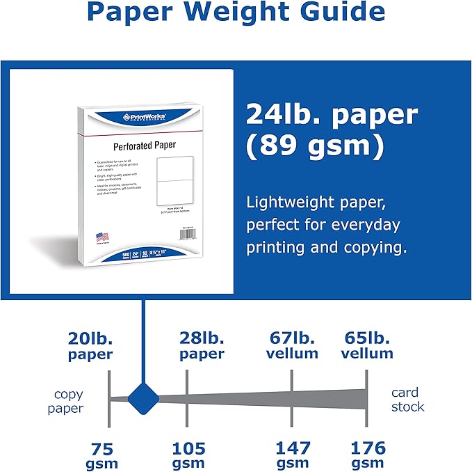 PrintWorks Professional Half Sheet Perforated Paper 8.5” x 11” - Perfect For W-2, 1099, & Statement Use - Made in the USA - 2500 Sheets - 20 lb - A5 Paper - Printer Compatible - White (04116C)