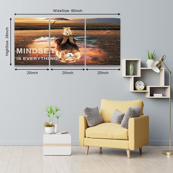 Mindset Is Everything Wall Art Lion Motivational Canvas Wall Art Posters Prints 3 Pieces Inspirational Quote Painting for Office Bedroom Decor