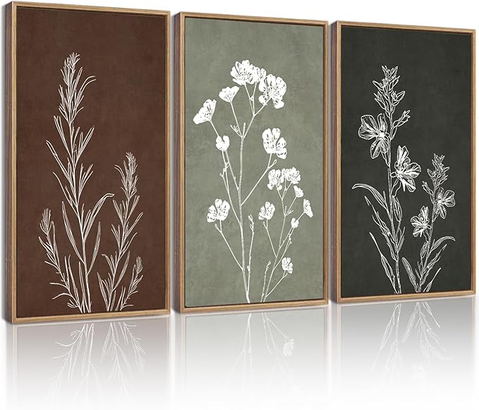 Drsoum Flower Wall Art Vintage Floral Minimalist Wall Hanging Decor Farmhouse Colorful Botanical Prints Artwork for Bedroom Living Room Hallway 16x24in Natural Framed