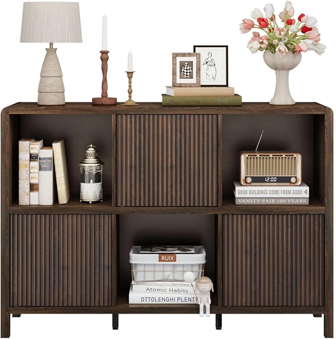 FATORRI 6 Cube Storage Organizer Book Shelf, Horizontal Bookshelf with 3 Doors, 3 Tier Wooden Bookcase for Living Room, Home Office (Dark Walnut)