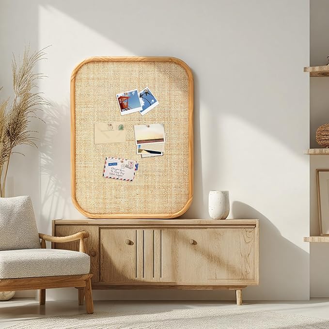 Vintage Framed Pin Board Linen Display Bulletin Board Large Cork Fabric Picture Photo Pinboard Memo Ornate Decorative Pinboard Ornate for Wall Gift(Rectangle,20'' X 26'',Natural Rattan)