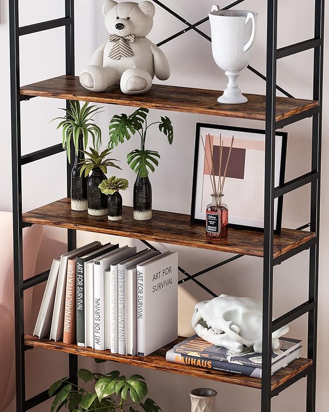 5-Tier Adjustable Tall Bookcase, Rustic Wood and Metal Standing Bookshelf, Industrial Vintage Book Shelf Unit, Open Back Modern Office Bookcases