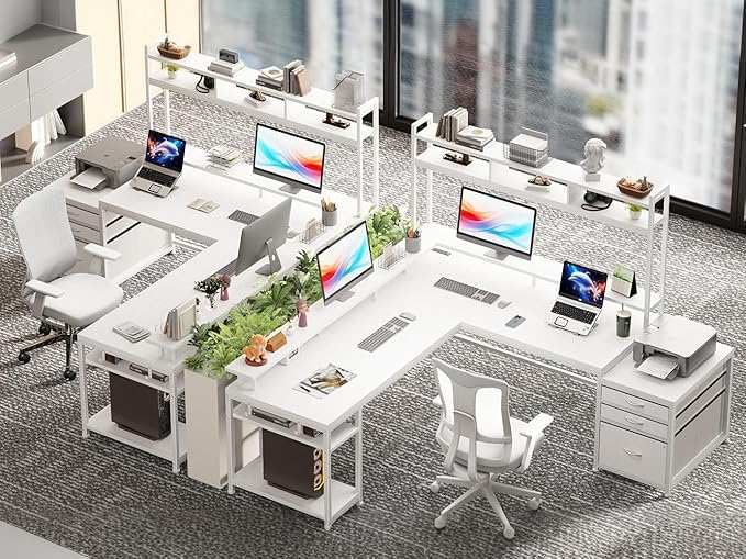 EnHomee 64 x 60 Inches L Shaped Desk with Hutch and Drawers, Gaming Desk with Power Outlet & Monitor Stand & LED Lights, Computer Corner Desk, Two Person Office Desk for Living, Gaming Room, White