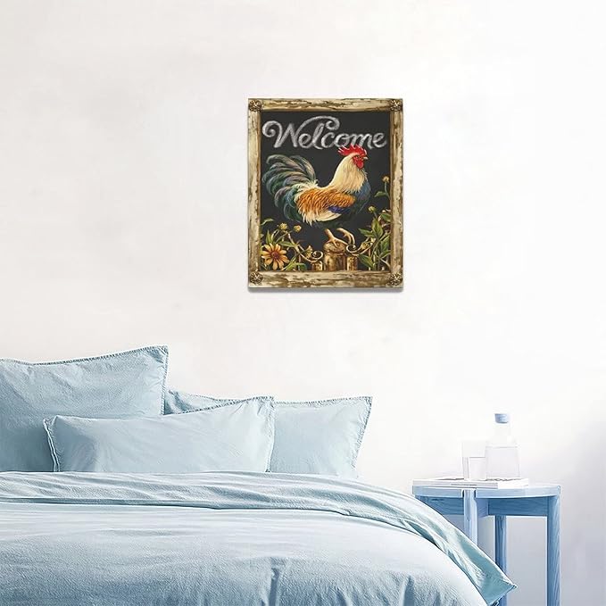 yerretin Farmhouse Rooster Wall Art Rustic Farm Chicken Pictures Wall Decor Country Canvas Painting Modern Artwork Home for Kitchen Bathroom Living Room Bedroom Office Framed 16"x20"