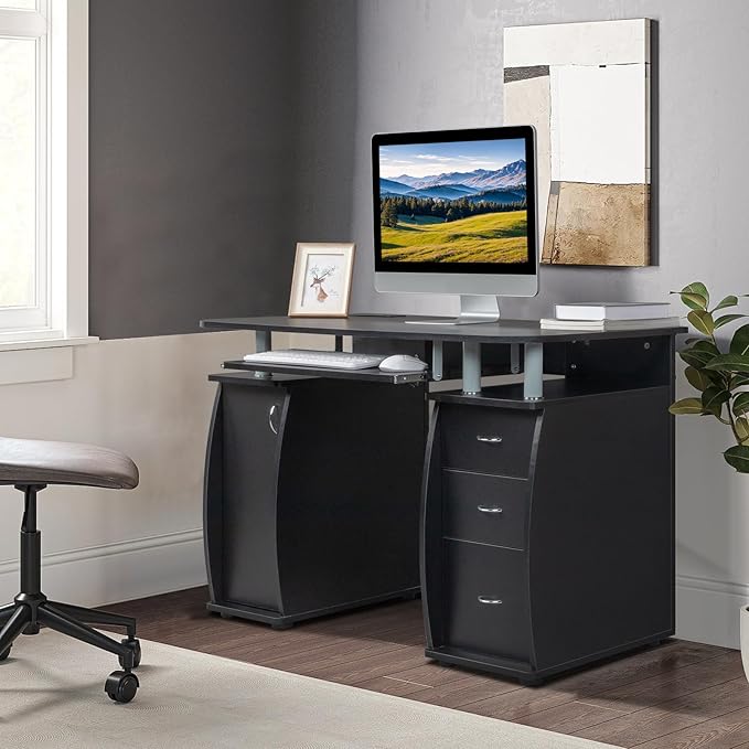 Karl home Computer Desk with Drawers & Storage Cabinet, Small Office Desk PC Laptop Workstation for Home, Studio, Office, Apartment, Black