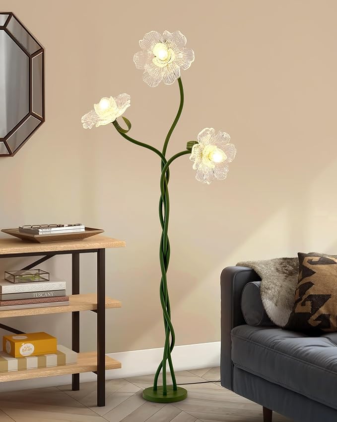 Flower Floor Lamp for Living Room, 3 Light Floor Lamps with Adjustable Gooseneck, Standing Lamp for Bedroom with 3 Color Temperatures, Tall Corner Floor Lamp for Living Room, Bedroom—Green