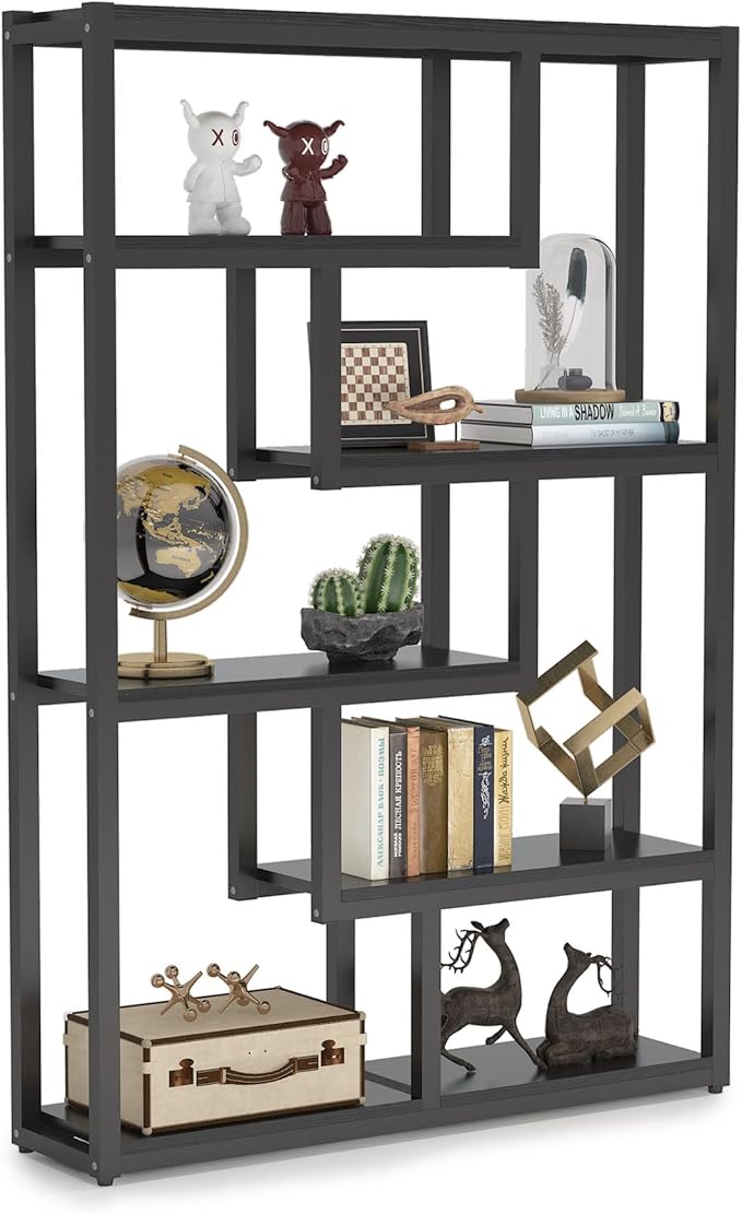 Tribesigns Way to Origin 6-Shelf Modern Bookshelf, Industrial Etagere Bookcase, 69 Inch Tall Storage Display Staggered Shelves with Sturdy Metal Frame, Black