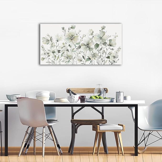 Elegant Flowers Wall Art Abstract Floral Pictures Wall Decor Modern Green Botanical Canvas Painting Flower Blossom Canvas Print Artwork for Living Room Bedroom Office Home Wall Decoration 20" x 40"