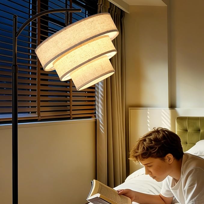 Dimmable Floor Lamp with Remote Control,Arc Fabric Tall Floor Lamp with 3-Color Temperatures Remote & Dimmable 9W Bulb,Standing Lamp with Fabric Shade for Living Room Bedroom Dining Room Hotel