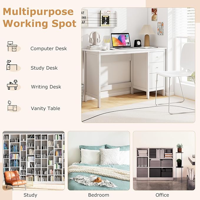 Tangkula White Desk with Drawers, Modern Home Office Computer Desk with Storage Drawers & Spacious Desktop, Compact Writing Study Desk Laptop Desk for Bedroom, Multipurpose Workstation
