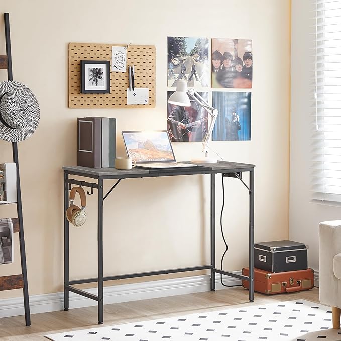 HOOBRO Computer Desk, Home Office Desk with Power Outlet, Modern Study Writing Desk with 3 Hooks for Study Room, Home Office, Sturdy and Stable, Easy to Assemble, Charcoal Gray and Black BC41UDN01