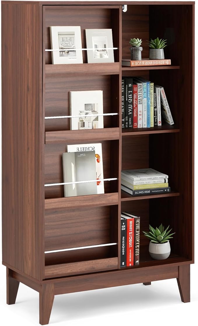 JOMEED 4 Tier Bookshelf with Sliding Door and Magazine Rack, Double Wide Modern Bookcase with Sturdy Legs, Floor Standing Display Book Cabinet for Living Room, Bedroom, Library, Office Walnut
