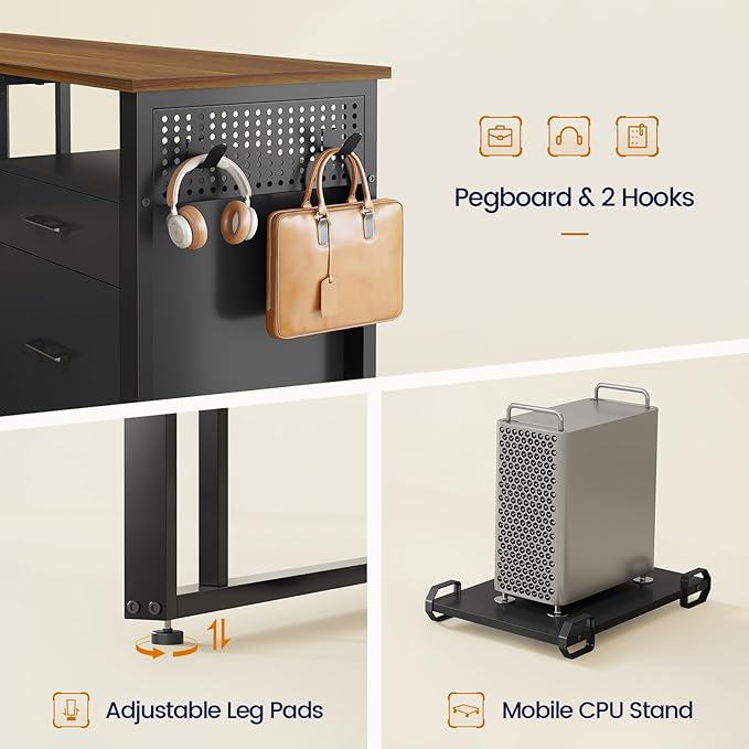 71 in Executive Desk with Power Outlets, Reversible L Shaped Computer Desk with File Drawers & Storage Shelves, Large Office Desk with Pegboard, Mobile CPU Stand, Modern Corner Desk (Walnut)
