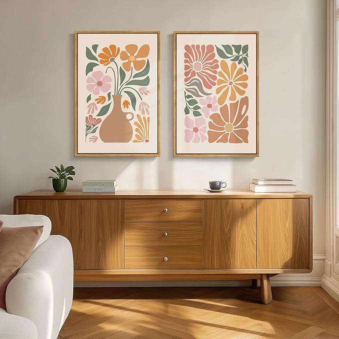 Framed Boho Floral Botanical Wall Art for Room Decor, Set of 2 Abstract Neutral Flower Canvas Print Artwork for Walls, Bohemian Mid Century Modern Wall Decor for Living Room Bedroom Office, 20x30 Inch
