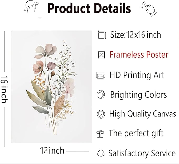 3Pcs Watercolor Wildflower Canvas Wall Art Modern Minimalist Colorful Botanical Floral Painting Picture Wall Decor Flower Posters Print Artwork for Living Room Bedroom Woman's room Decoration Unframed