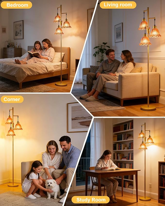 Glass Floor Lamps for Living Room, 3-Light Gold Dimmable Floor Lamp with Rose Red Glass Shade& Bulbs Included, Mid Century Standing Tall Lamp for Bedroom/Sofa Beside/Corner Decor