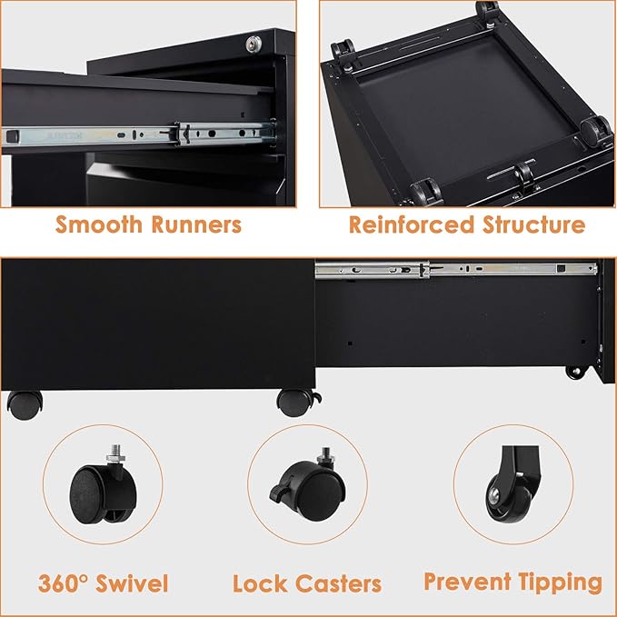 Rolling 3 Drawer File Cabinet with Lock, Black