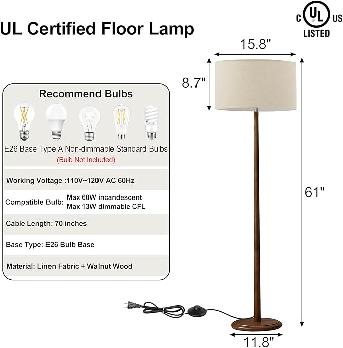 61" Rustic Walnut Wood Floor Lamp for Living Room, Retro Farmhouse Tall Lamp for Bedroom, Mid Century Standing Lamp with Linen Shade for Home Corner, Office, Dining Room, Bulb not Included, Beige