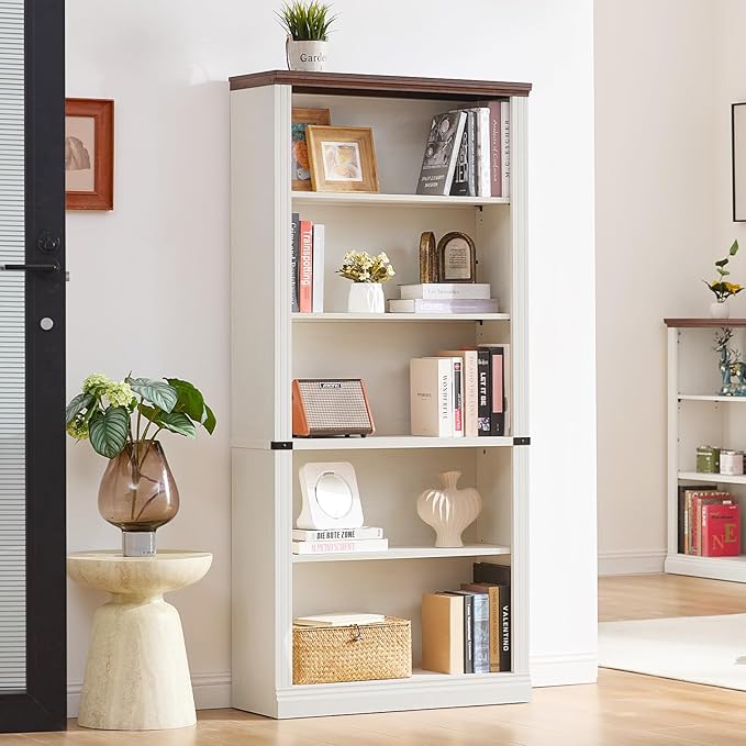 70" White Tall Bookshelf Set of 4,5-Tier Thick Wooden Book Shelf with Adjustable Shelves,Free Standing Farmhouse Bookcase with Open Display Storage,Floor Vintage Bookshelves for Living Room