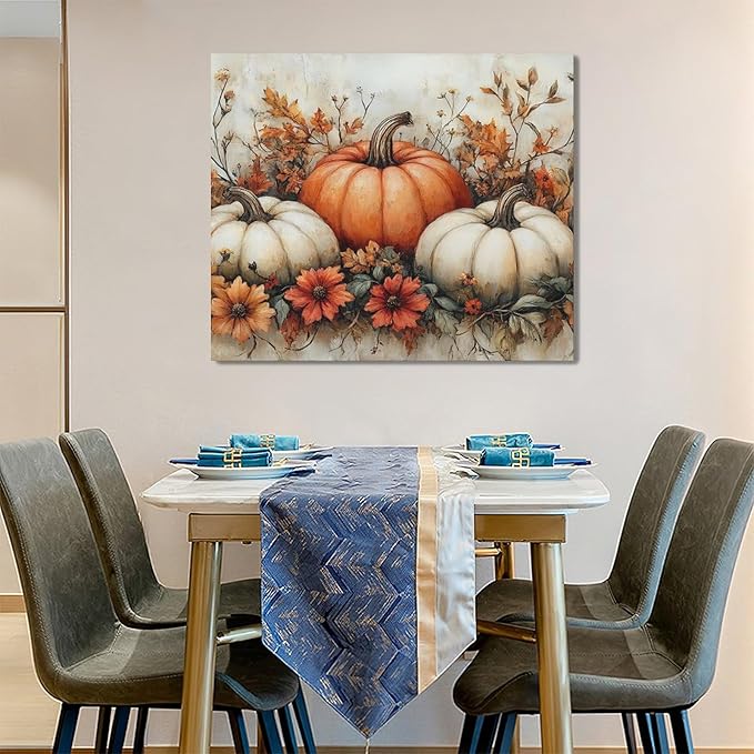 Fall Pumpkin Wall Art Autumn Leaf Pictures Wall Decor Maple Leaves Canvas Painting Modern Artwork Home Decoration for Living Room Bathroom Bedroom Office Framed 24"x16"