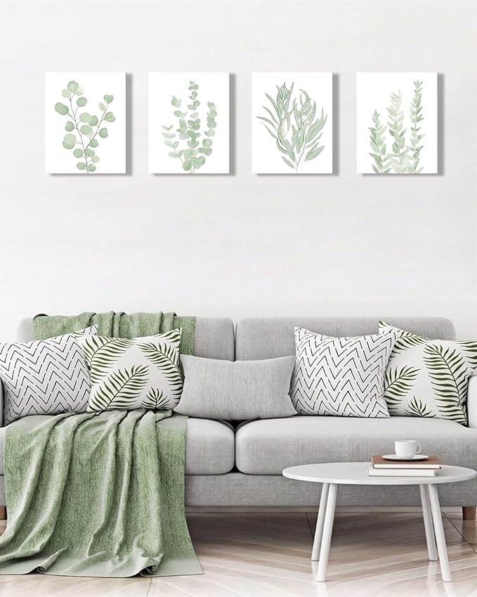 FRAMED Botanical Plant Canvas Wall Art,Boho Plant Wall Decor for Bedroom,Minimalist Floral Prints for Living Room,Light Green Botanical Art Painting for Office,Set of 4,8”x 10”