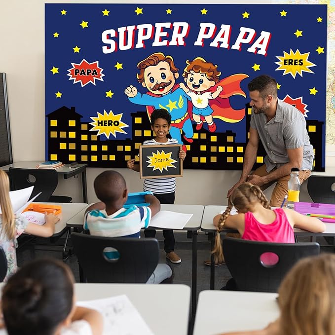Happy Father's Day Bulletin Board Set Super Dad Themed Classroom Decorations Super Pa Pa Hero Cityscape Cutouts for Fathers Day School Office Wall Door Decor Chalkboard Supplies