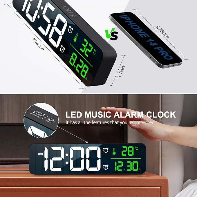 Hournor Digital Clock for Bedroom, Digital Wall Clock for Living Room Decor, Desk Table Clocks, Digital Clock Large Display, Bedroom Smart Alarm Clock for Office Green