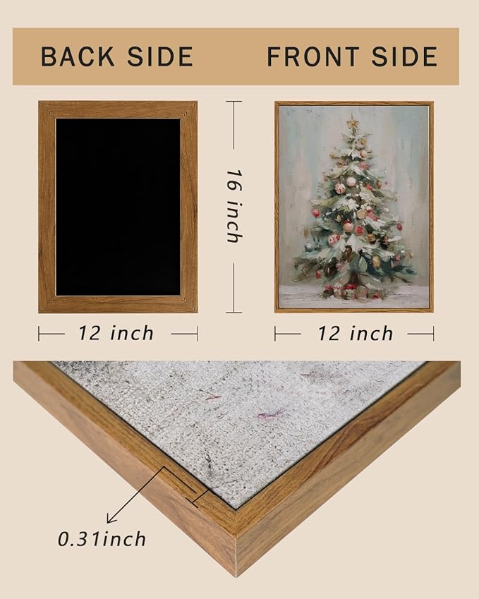 ARPEOTCY Framed Canvas Wall Art, 12x16 Inch Vintage Christmas Tree Print, Holiday Oil Painting Wall Decor for Living Room, Fireplace, or Festive Home Decoration