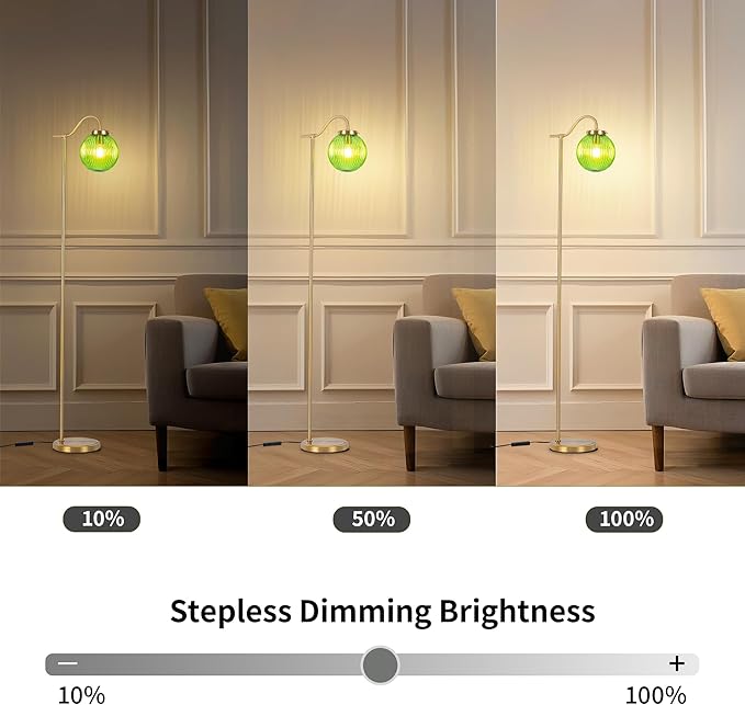 MAYNA Globe Floor Lamp, Emerald Green Round Glass Standing Lamp with Built-in Timer Switch, Gold Tall Vintage Lamps for Living Room Bedroom, 2700K LED Bulb Included