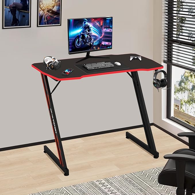 Gaming Desk 39 Inch Z-Shaped Computer Desk Modern Ergonomic PC Computer Table Home Office Desk Racing Style Gaming Workstation with Headphone Hook, Red