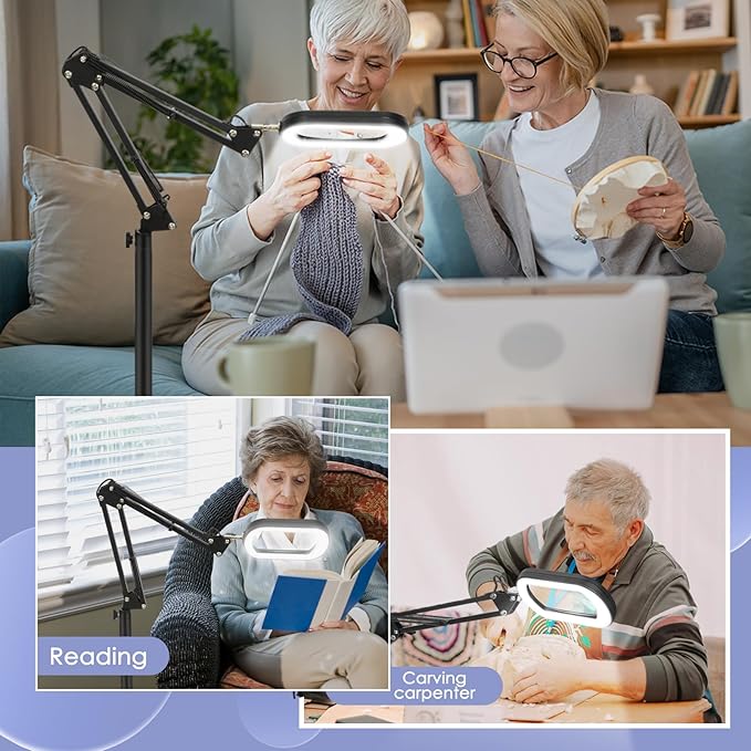 10X Large Rectangle Magnifying Glass with Light and stand, 5*3 Inch Real Glass 5 Color Modes Stepless Dimmable Arm Swing LED Floor Lamp, 3-in-1 Lighted Magnifier for Reading Painting Craft Close Work