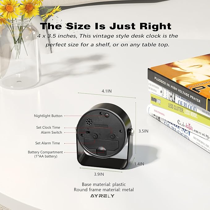 AYRELY® 3.5 Inch Small Analog Alarm Clocks,Battery Operated Desk Clock,Cute Table Clock with Light,Adjustable Angle for Travel,Bedside,Bedroom,Kids,Living Room Decor(Black)