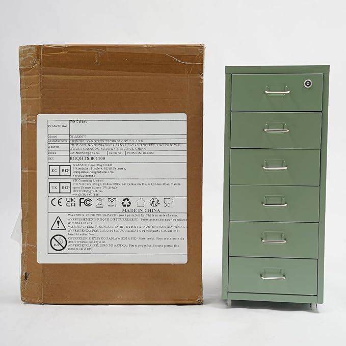 6 Tiers Vertical File Cabinet, Metal File Cabinet with Lock & Wheels for Files, Documents, Freestanding Filing Cabinet for Office Home, Multiple Colors Available (Green)