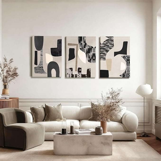 NCCXNCC 3Pcs Black and Beige Abstract Canvas Wall Art Bohemian Living Room Wall Decor Paintings Modern Geometric Posters Print Neutral Minimalist Artwork Pictures Bedroom Office Decor 16x24 Inch
