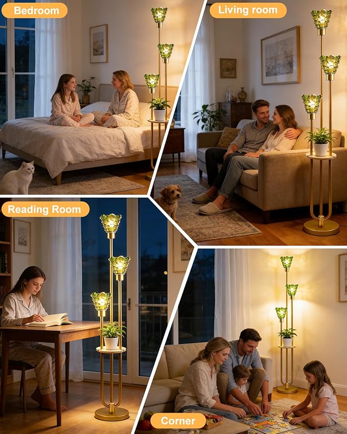 3-Light Modern Glass Floor Lamp with Shelf, Gold Tall Standing Lamp with Green Flower Glass Shade, LED Floor Lamp with Foot Switch for Living Room Bedroom Home Decor, Bulb Included