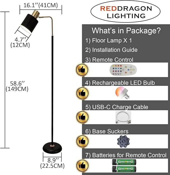 Modern Cordless Floor Lamp Battery Operated with Remote, Black Gold Rechargeable Minimalist Standing Battery Reading Floor Lamp with Metal Shade No Electric Wire for Living Room Bedroom (1 Pack)