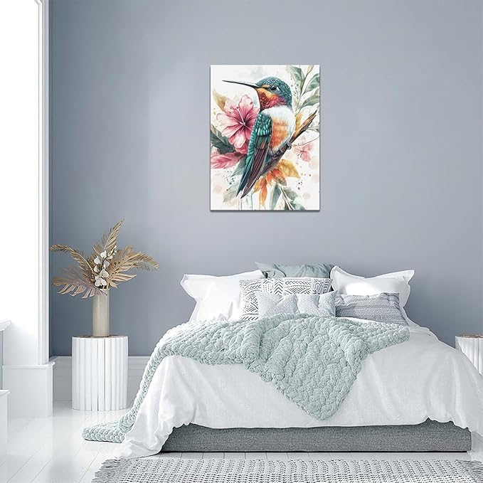 Watercolor Hummingbird Wall Art Country Flower Bird Pictures Wall Decor Colorful Canvas Painting Modern Home Artwork Decorations for Bathroom Bedroom Living Room Office Framed 12"x16"