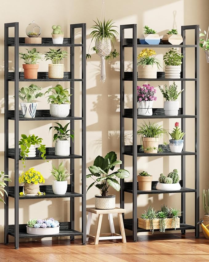 Furologee 6-Tier Bookshelf Set of 2, Tall Bookcase with 2 Drawers and Shelves, Industrial Display Free Standing Shelf Units, Storage Rack Organizer for Bedroom, Living Room, Home Office, Black Oak