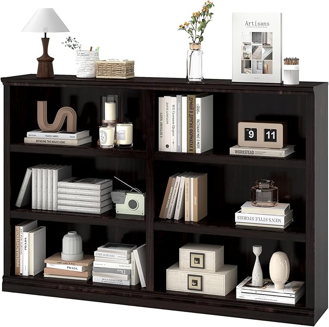 Double Wide Open Shelf Bookcase - 3 Tiers 6 Storage Cube Adjustable Space Book Case, Display Cabinet Organizer with Bookshelf, 64.8 inch Width Indoor Furniture for Home Library Office, Dark Cherry