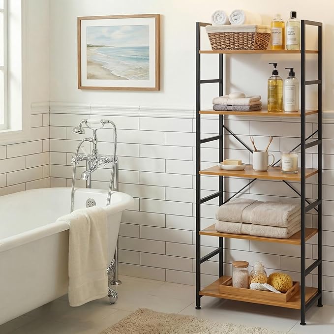5 Tier Bookshelf, Free Standing Wooden Bookcase with Open Storage Shelves with Metal Frame, Sturdy Shelf Organization Display Rack for Living Room, Bedroom, Home Office, 62.2" Tall, Wood