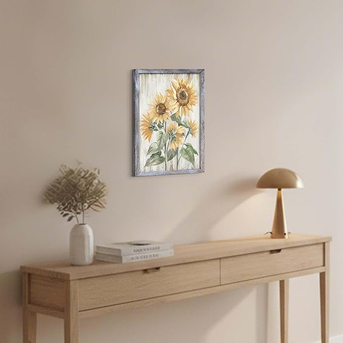 Sunflowers Wall Art Painting - Vibrant Yellow Floral Canvas with Distressed Frame for Bathroom and Bedroom Decor 11"x16"