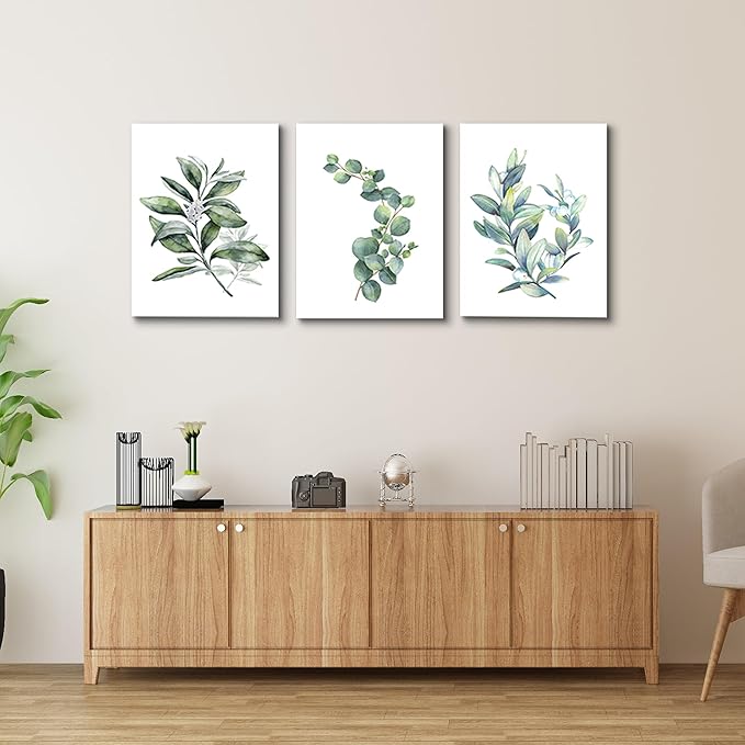 Green leaves Plants Canvas Wall Art for Living Room modern Bathroom Wall Decor for Bedroom Kitchen Home Decorations 3 panel Watercolor painting Canvas Prints Posters Artwork office mural Art works